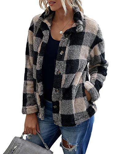 Yanekop Womens Sherpa Lapel Coat Fuzzy Fleece Outerwear Button Up Plaid Warm Jackets(Black Khaki,L)