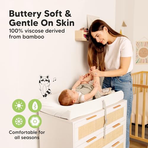 Image of 2-Pack Baby Changing Pad Cover for Girl, Boy - 34x18 Soft Viscose Derived from Bamboo Baby Diaper Changing Table Pad Cover Sheets, Neutral, Snug Fit Nursery Diaper Change Sheets (Soft White)