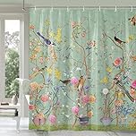 Shower Curtain Green Mould Proof Resistant Waterproof Bird Floral Bathroom Curtains with 12 hooks Quick-Drying Weighted 180x180cm (71x71Inch) Polyester Shower Curtains for Bathroom Wet Room Tub