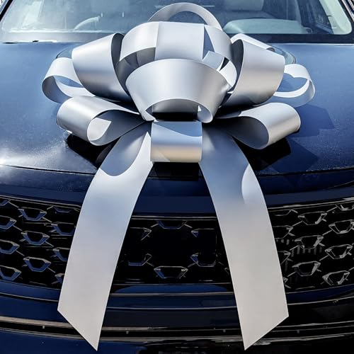 Image of CarBowz Big Car Bow for Decorations and Birthday Gifts, Large Ribbon, Magnet, Sticker Included, Fully Assembled 30 inch Wide Huge Bow, No Suction Cup Needed (Silver)