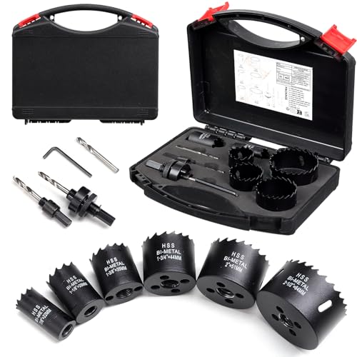 Lochsäge Set für Metall und Holz 22-64mm 6tlg HSS Bi-Metall Lochbohrer Rund-Lochschneider mit 32mm Schnitttiefe für Aluminium Decken Trockenbau und Gipskarton
