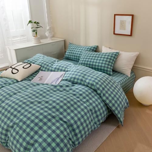 Image of MKXI Moss Green & Navy Checkered Duvet Cover Set 3-Piece Washed Cotton Reversible Bedding Queen Soft Vintage Plaid Design with Zipper Closure & Corner Ties