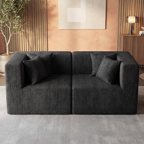 Image of MONVANE 75 inch Loveseat Sofa, Comfy Chenille Modular Sectional Sofa with 4 Pillows, Modern Deep Seat Boneless Couch, 2 Seater Sofa for Living Room, Bedroom and Apartment, Black