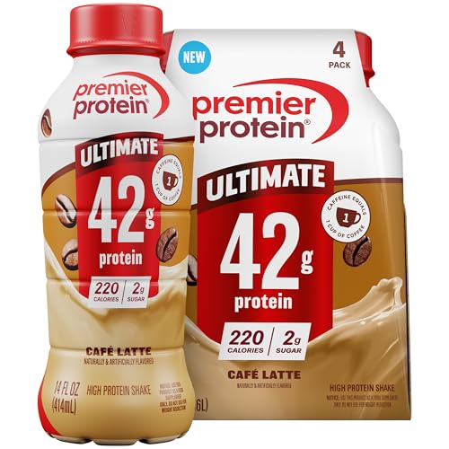 Image of Premier Protein ULTIMATE 42g High Protein Shake +Energy, Cafe Latte, 4 Pack | Caffeinated, 220 Calories, 2g Sugar, 24 Vitamins & Minerals, Supports Muscle Health, Gluten-Free, Protein Snack, 14 oz