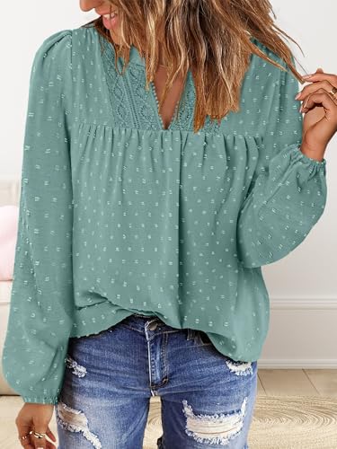 BETTE BOUTIK Women Boho Long Sleeve Shirts Dressy Casual V Neck Fall Fashion Tops Swiss Dot Flowy Blouses