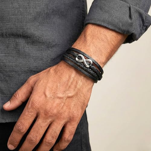 Image of THE MEN THING Leather Bracelet for Men - American Style Genuine Leather Multi-Layer Braided Bracelet with 100% Stainless Steel Magnetic Buckle for Men & Boys (8 inch)