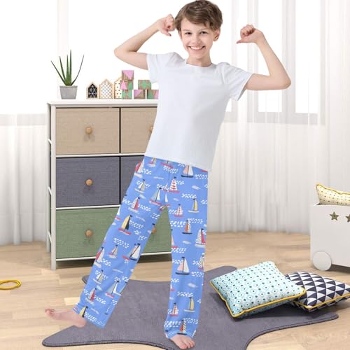 Boy's Pj Pants Hand Drawn Sailboat Ocean Lounge Bottoms Elastic Kids Sweatpants Joggers with Pockets Size 6-144