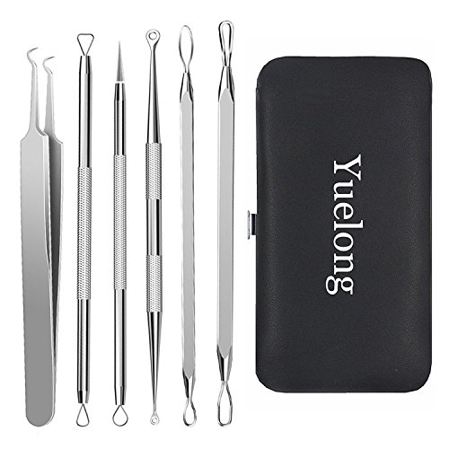 Black Head Cleaning Tool - Yuelong 6PCS Professional Pimple Popper Tool Kit Pimple Extractor Tool Lancets for Facial,White Head Remover Tools for Risk Free Skin,Leather Case with Mirror