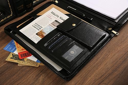 Leather Portfolio Binder with Zipper for Men Women, Leather Padfolio Business Resume Legal Pad Portfolio Organizer for A4/Pad, Leather Folio Leather Folder, Brown - Oil Black - Thumbnail 5