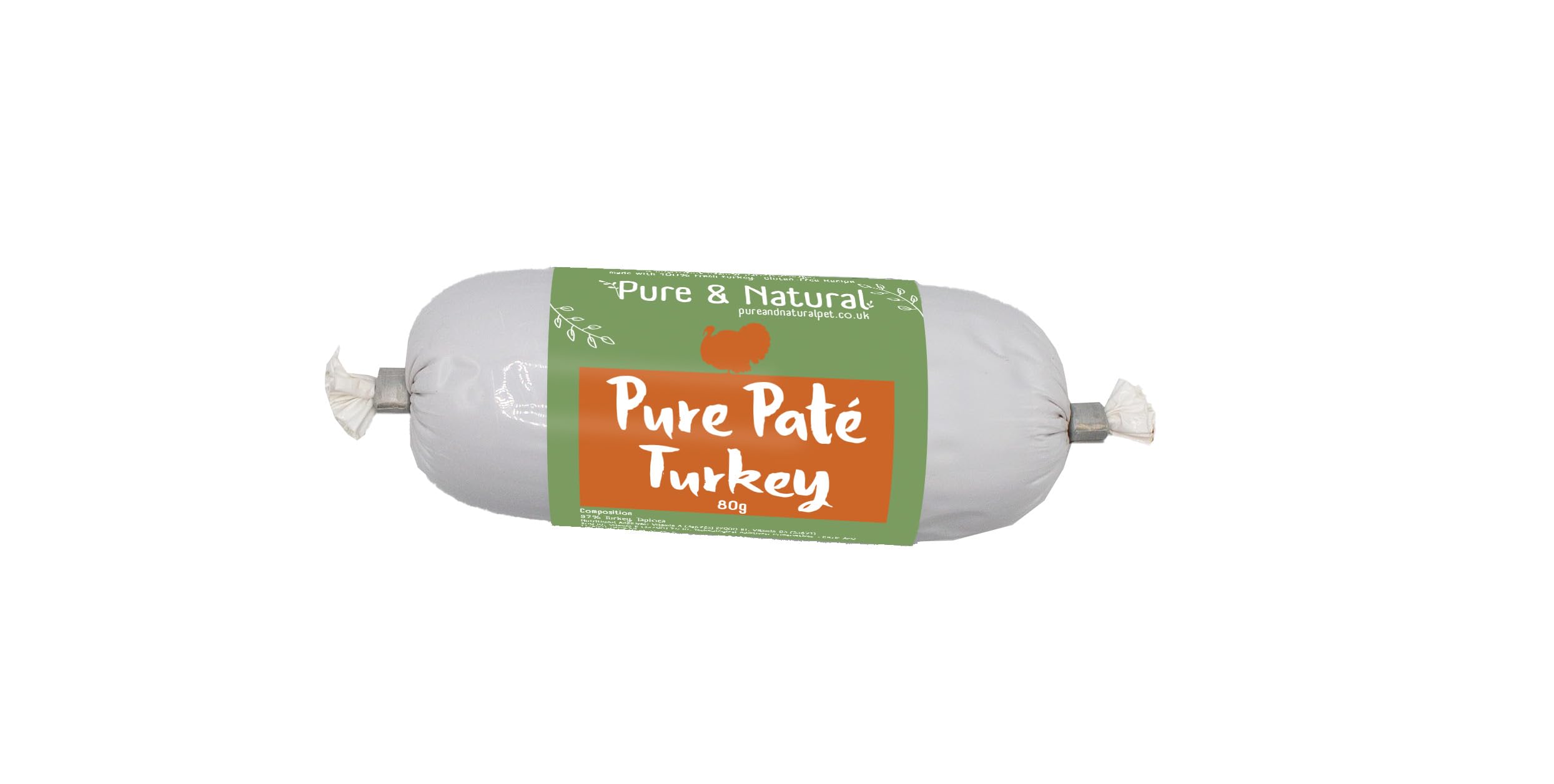 Pure & Natural Wet Dog Food Pate Chub Roll, 97% Turkey 80g - High Meat Content, Moist, Grain Free Dog Food for All Breeds