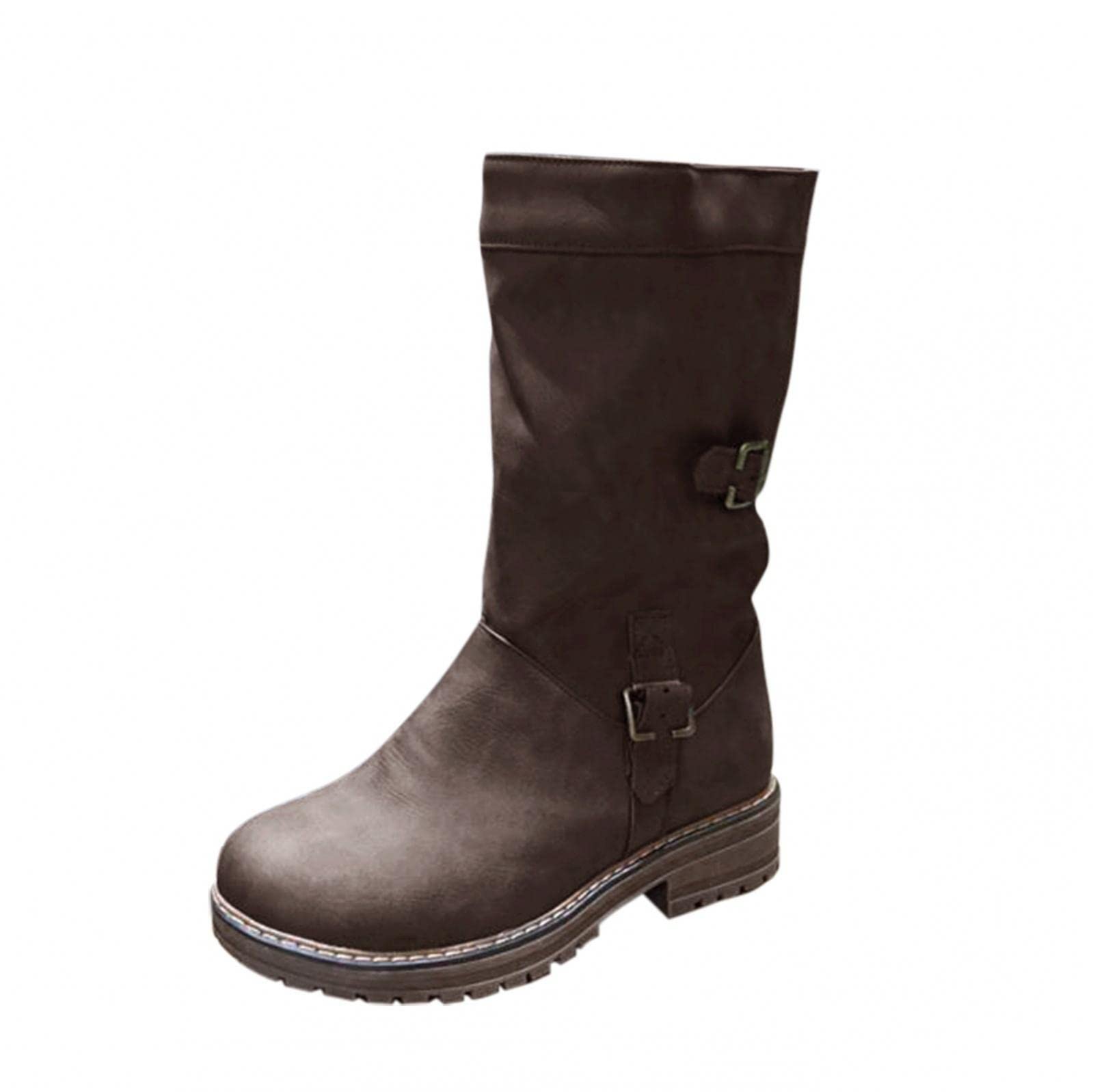 Stivali da Donna in Pelle Piatta Comoda Fibbia con Cerniera Scarpa da Cowboy con Tacco Basso Cavaliere