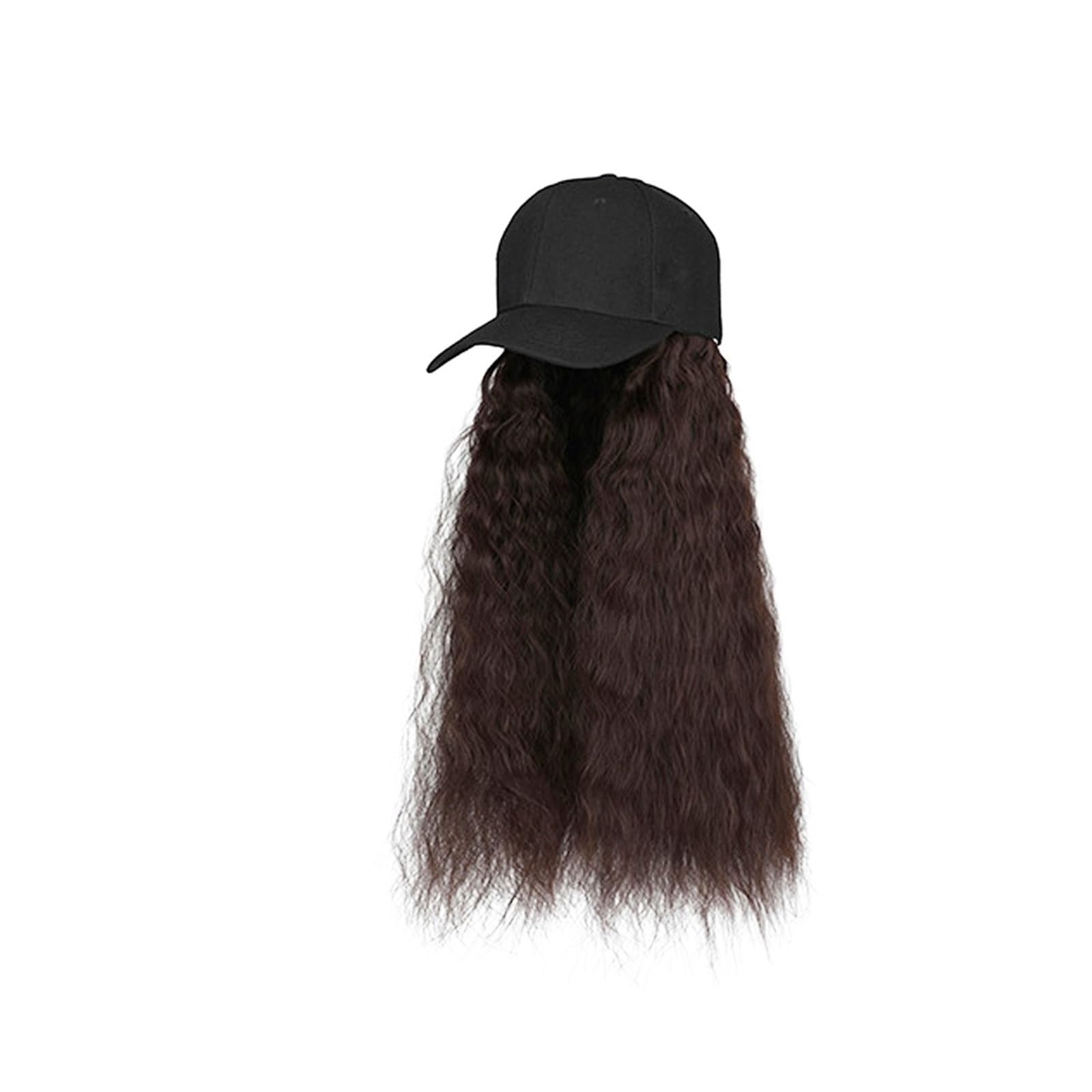 JUNXIAN Wig Cap Baseball Cap Wig Long Straight Wig with Black/White Hat for Women Synthetic Hair Wigs Naturally Connect Adjustable Hat Wig Wig Hat(15)
