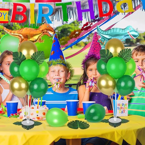 Image of 6 Sets Jungle Safari Balloon Stand Kit for Table Gold Green Balloons Dinosaur Party Tables Centerpiece with Palm Leaves for Animal Wild One Birthday Baby Shower St Patricks Day Party Supplies