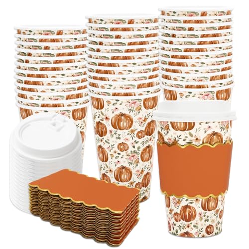 JarThenaAMCS 50 Pcs Fall Coffee Cups with Lids Sleeves 16 Oz Autumn Floral Flower Pumpkin Paper Cups Disposable To Go Coffee Cup for Thanksgiving Wedding Cafes Shops Cappuccino Chocolate Cocoa