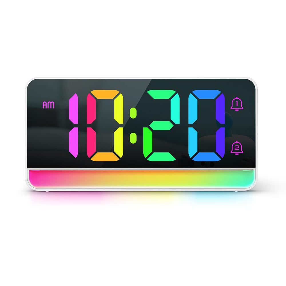 Kookh-Clock Bright White Bedside Digital Alarm Clock With Led Ambient Light, Dual Alarms And Snooze, Battery Or Plug-In, Auto Dimming Display With Large Digits For Kids And Adults
