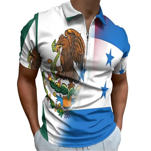 Camiseta de Manga Corta con la Bandera de México y Honduras, Ajustada, Informal, para Entrenamiento, Golf, con Cremallera, para Hombre
