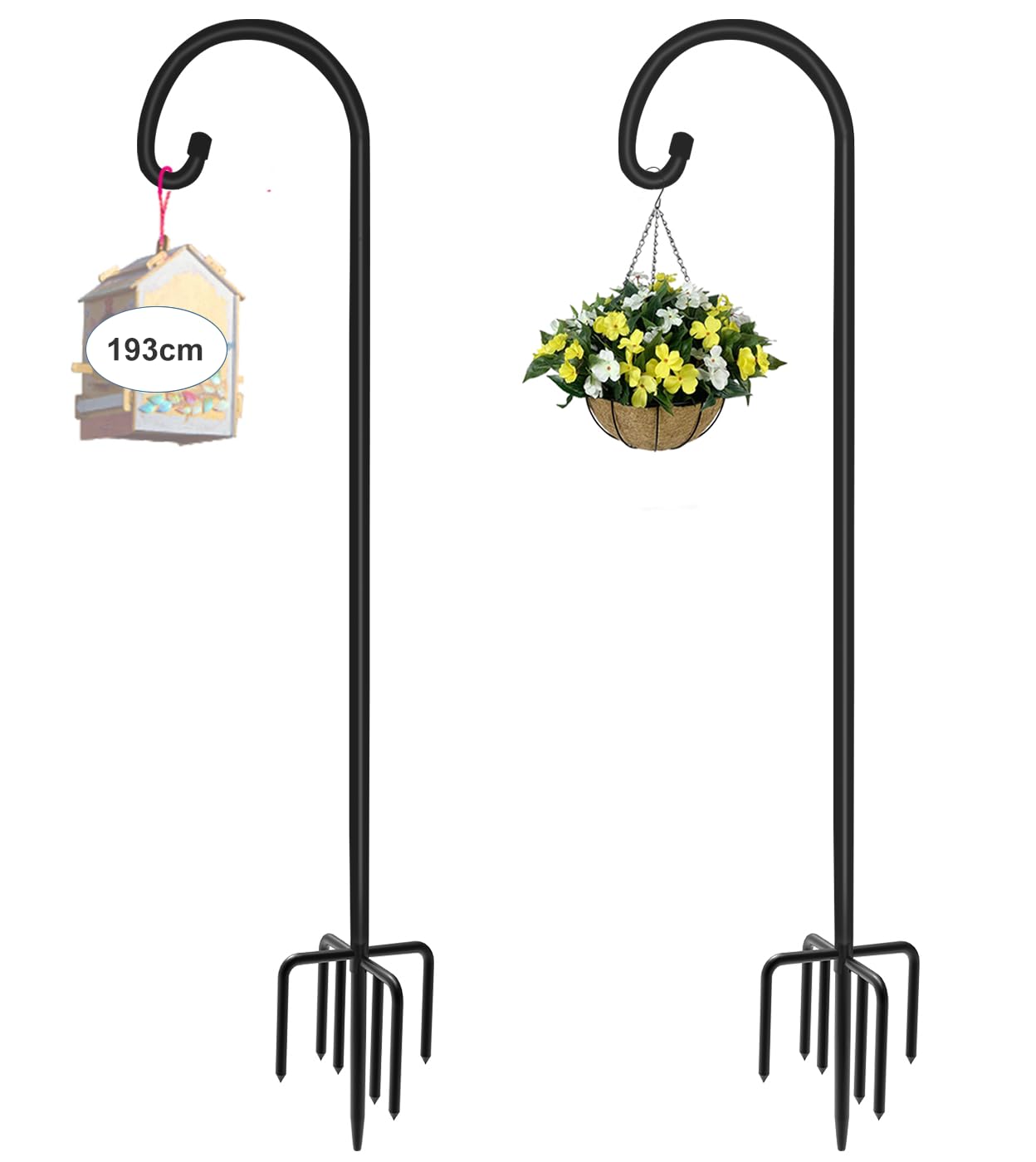 Artigarden Shepherds Crook Hooks with Upgraded Heavy Duty 7 Prong Base,Garden Bird Feeders Hanging Station Metal Adjustable Hanging Stake for Lights,Hanger Wedding Decor,Plant Baskets,Black(2,193cm)