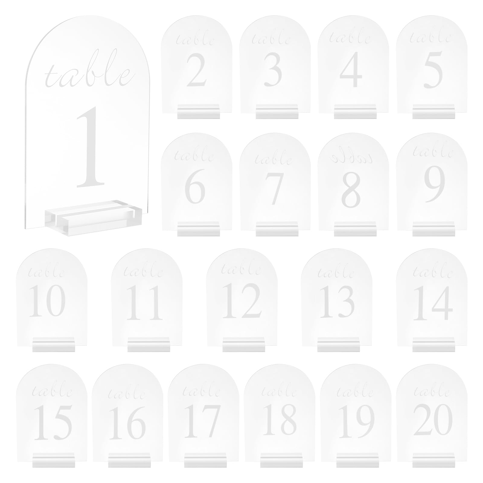 QUARKZMAN 20 Stück Klarer Bogen Acryl Schild mit Ständer, 5 x 7 Zoll Acryl Bogen Tischnummernhalter für Hochzeitstisch Mittelstückdekoration (Nummer 1 20)