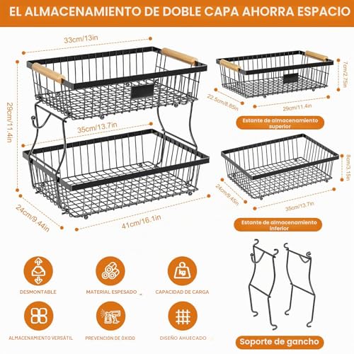 Miniatura 2 de Dwitkul Frutero 2 Pisos, Fruteros De Cocina, Diseño Desmontable, Frutero Para Guardar Fruta Y Verdura Negro