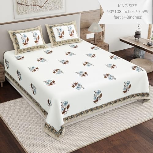 Image of Living Roots Ethnic Jaipur Block Print Double Cotton Bedsheet & 2 Pillow Covers, for Mattress Upto 6 inches Thick, No Colour Bleeding, Mustard Colour, King Size 90 * 108 inches, 120TC (613-C)