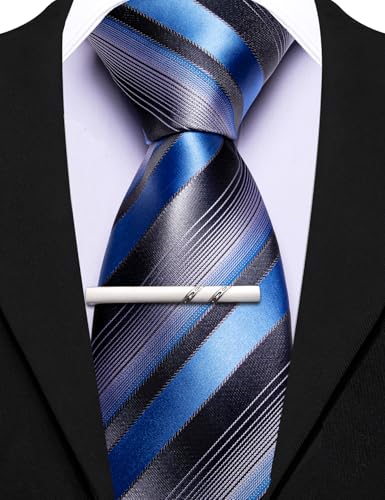 Image of Barry.Wang Silk Men Ties Formal Stripes Necktie and Tie Clip for Wedding Party Business Fashion Classic