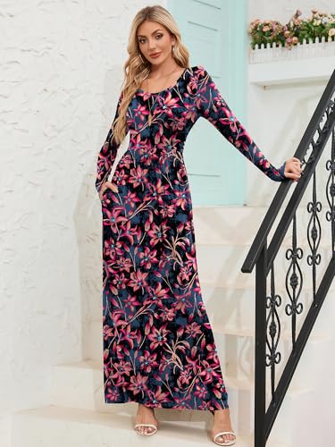Image of DEARCASE Women's Maxi Dress Long Sleeve Crewneck Empire Waist Long Dresses | Empire Waist,round neck,floor length, dual side pockets, A-line,fall winter long dresses for wedding guest,party,vacation