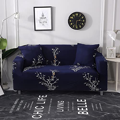 Funda para sofá de 2 plazas elástica con diseño de pájaro y flor azul y funda de almohada 2