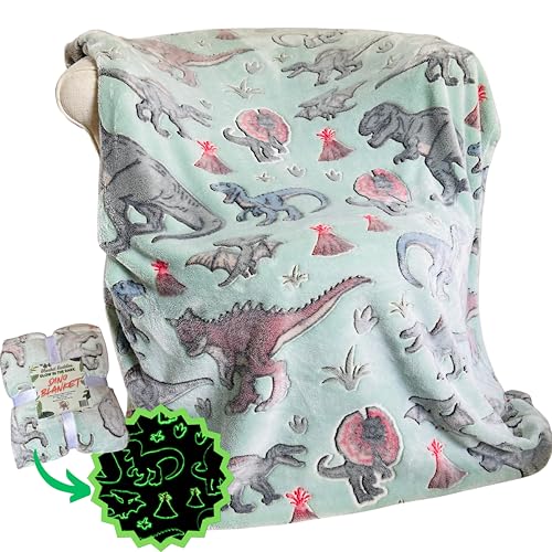 Dinosaur Throw Blanket: Glow in The Dark Cozy Soft Warm Fleece Dino Blanket for Boys and Girls with T Rex Velociraptor Pterodactyl and More 50 x 60 (Olive)