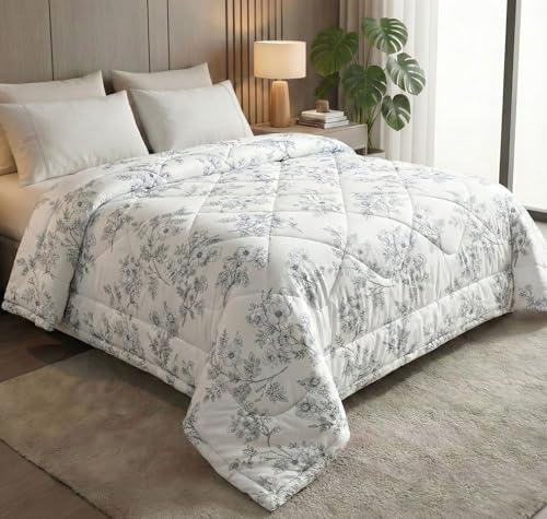 Image of SANMARINO 300GSM Reversible Cotton AC Comforter /Duvet | Floral Pattern, 3-Layer Quilted All-Season Blanket for Double Bed (250 x 225 cm) | 2.5 kg (Pearl Off White)