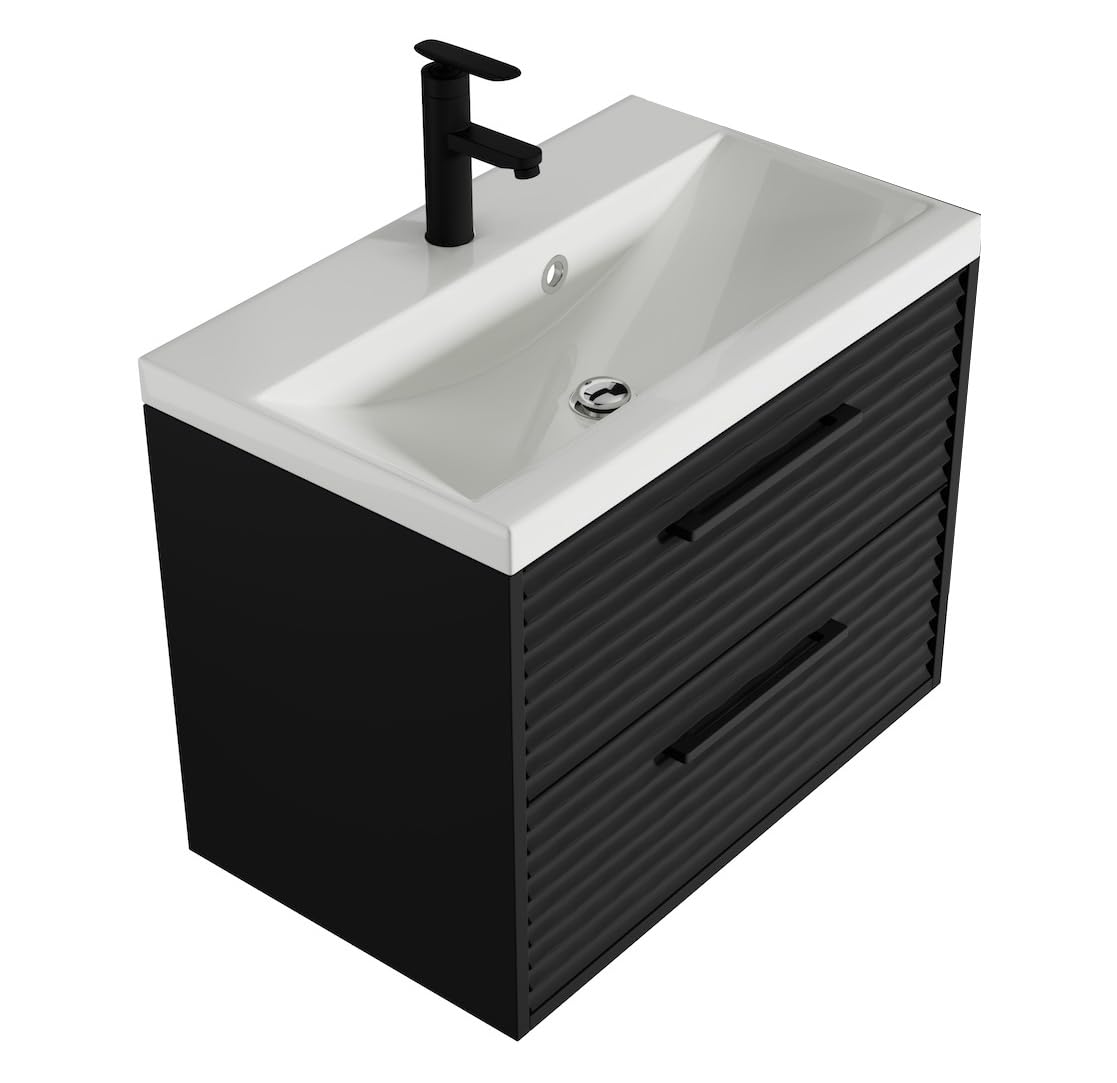 Badplaats Etna Ensemble complet de meubles de salle de bain avec lavabo et armoire à miroir - 60 x 35 cm - Noir mat