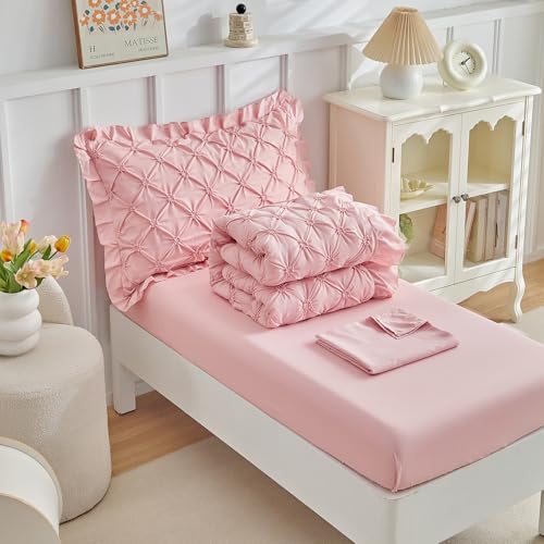 Image of DuShow Princess Toddler Bedding Set for Girls,4 Pieces Ruffles Toddler Bed Set,Ultra Soft Kids Pink Sheet Set Includes Comforter,Flat Sheet,Fitted Sheet and Pillowcase
