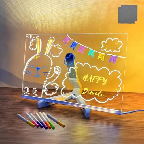 Image of One94Store LED Acrylic Writing Board with Light & 7 Pens | 30x20 cm DIY 3D Rewritable Message Pad | Personalized Night Lamp & Display Board for Home, Office Desk, Kids & Gifts