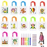 Forhome Set de bolsas de tela para niños, bolsas de tela para niños para pintar, 12 piezas DIY bolsas de tela sin tejer y lápices de colores, DIY bolsas de graffiti para fiesta de cumpleaños infantil