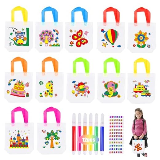 Forhome Set de bolsas de tela para niños, bolsas de tela para niños para pintar, 12 piezas DIY bolsas de tela sin tejer y lápices de colores, DIY bolsas de graffiti para fiesta de cumpleaños infantil