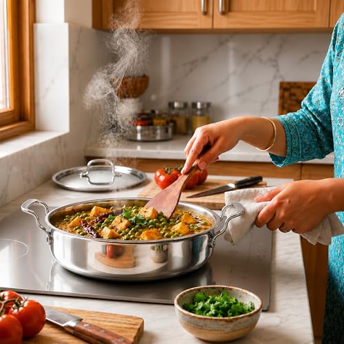 Image of SOLARA Triply Stainless Steel Short Casserole with SS Lid, 28 cm, Tri-Ply Heavy Bottom Cooking Pot with Cast Steel Handles, Induction & Gas Compatible