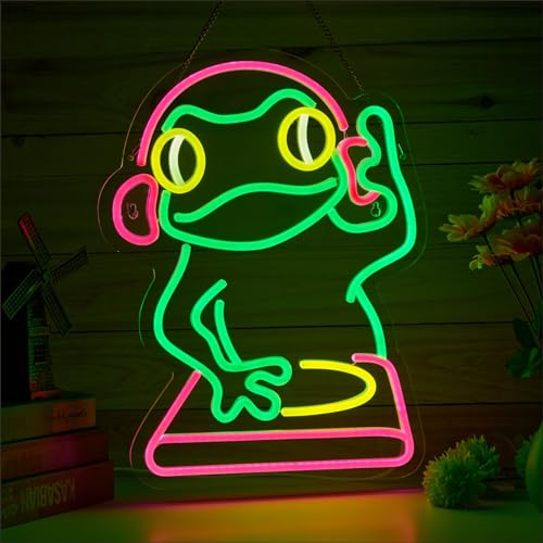 Image of DJ Frog Neon Sign for Wall Decor, Scratch Frog Dimmable LED Neon Light Sign for Gaming Room Decor Wall Art Birthday Gift Men Cave 16.46 * 12.60 Inches, USB Powered.