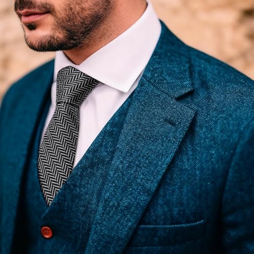 Image of Barry.Wang Skinny Ties for Men Wool Blend Herringbone Necktie with Tie Clip | Tie and Tie Clip Set, Cashmere Wool Stripe, 2.76 x 63 Inches, Extra Long Slim, Wedding Work Party Classic