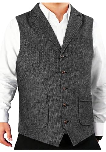 Men's Tweed Suit Vest Retro V Neck Wool Herringbone Waistcoat for Wedding Prom