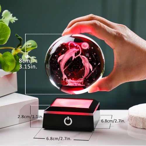 Image of 3D Crystal Ball Dolphin Gifts for Women Men Adults Snow Globe Ornament with LED Base Night Light, Laser Etched Unique Dolphins Figurine Desk Decor Gifts for Couples Nature Lovers