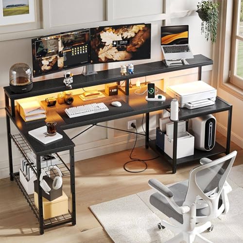 Lista de Muebles para Computadora E Impresora los preferidos por los clientes. 48 Escritorio de Computadora con LED y Tomas de Corriente,71,5'' Escritorio en L con Soporte Largo para Monitor,Escritorio Esquinero Grande con Estante de Almacenamiento,Mesa para...