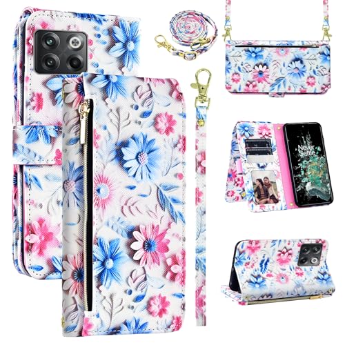 Dswteny Funda tipo cartera para OnePlus 10T 5G/One Plus Ace Pro con correa para la muñeca, correa para el hombro, cremallera floral de piel sintética, soporte para tarjetas, funda para teléfono