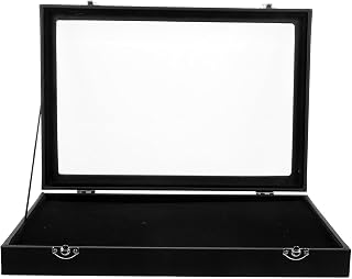 Jewelry Display Container and Pin Storage Organizer, Window Black PU Leather Brooch Display Case with Lid, Desktop Lapel Badge Holder for Collectors and Home Décor