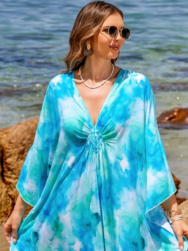 Image of IMAGEKOPE Women's Plus Size Animal Print V-Neck Batwing Kaftan Beach Dress Bathing Suit Cover-Up Loungewear