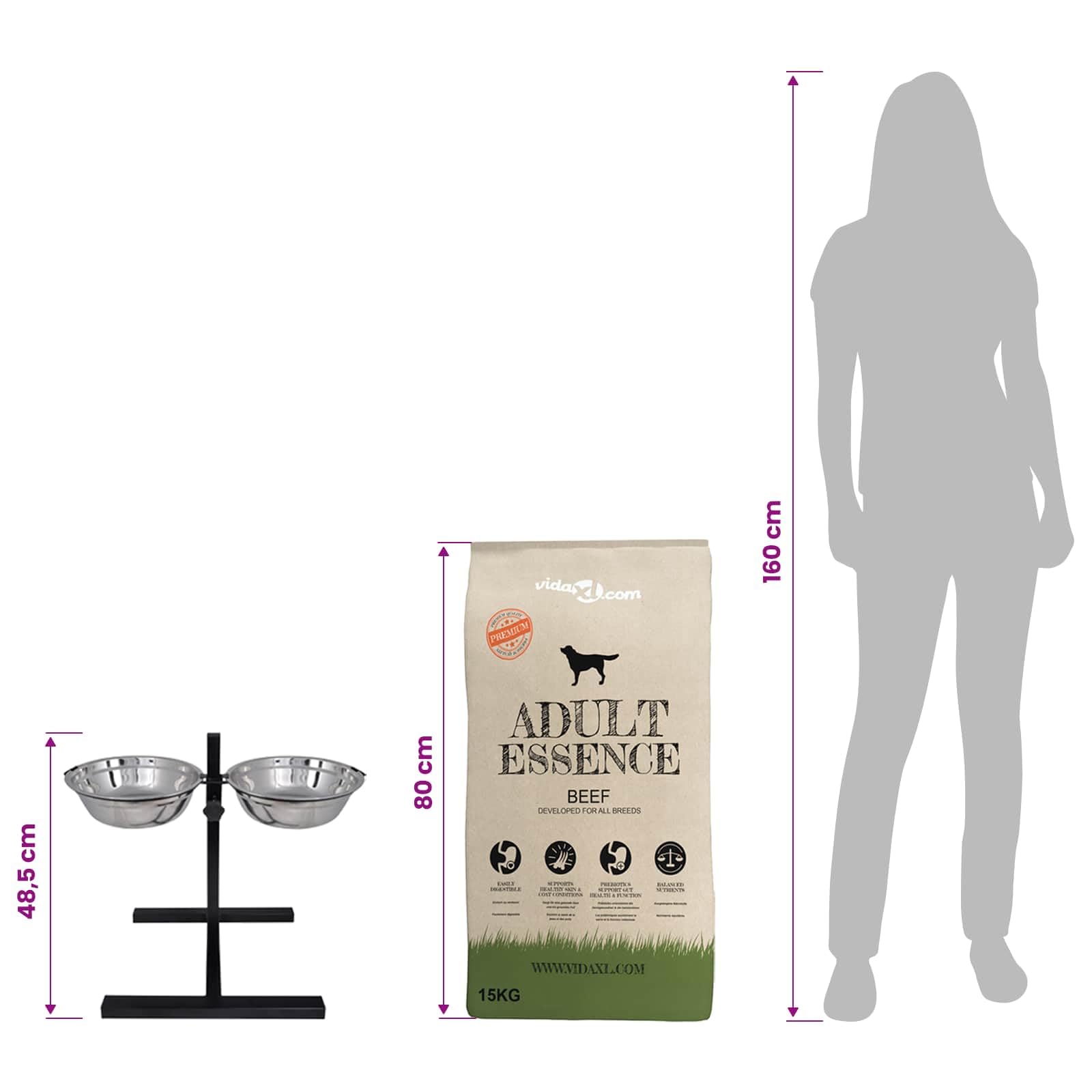 Comedero elevado con cuencos de acero inoxidable, dispensador de agua para perros y gatos, doble estación antideslizante, 4,1 L por cuenco, con 15 kg de comida seca para interior y exterior