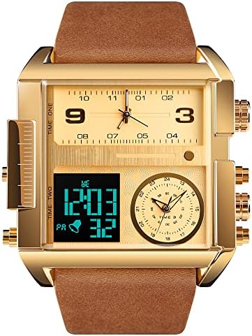 FeiWen Mens Large Fashion Analog Quartz Digital Watch LED Electronic Three Time Outdoor Military Stainless Steel Sport Watches with Leather Strap