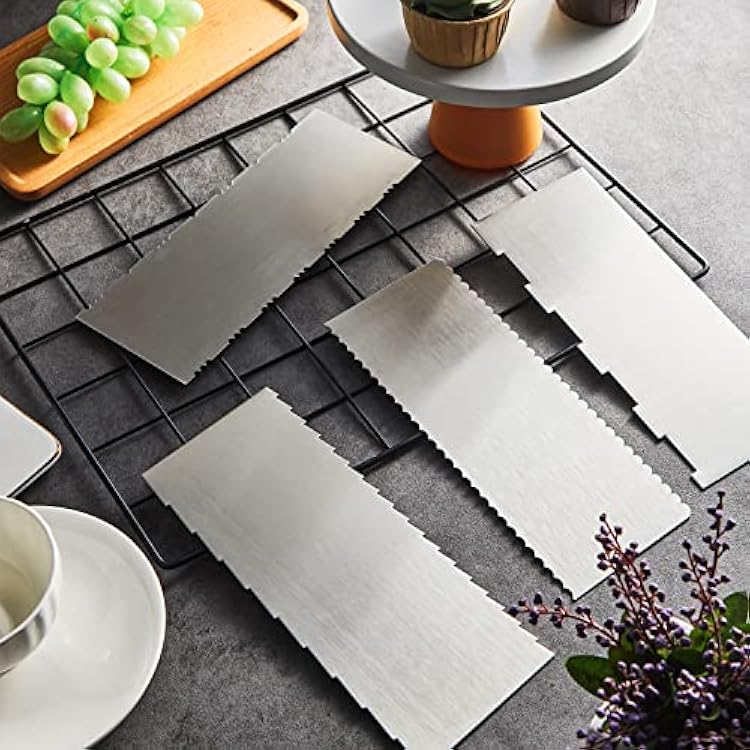 4 Pieces Stainless Steel Cake Scraper 9 Inch Large Double Sided Patterned Edge Stripe Edge Smoother Scraper Cake Decorating Comb Pastry Cutter for Mousse Butter Cream Decoration(9 x 3.5 Inches)
