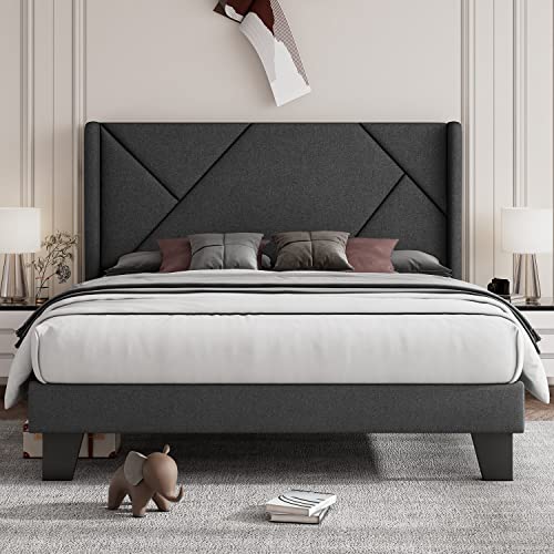 Image of Feonase Queen Platform Bed Frame with Wingback Headboard, Geometric Upholstered Heavy Duty Bed Frame with Solid Wood Slats, No Box Spring Needed, Easy Assembly, Noise-Free, Dark Gray