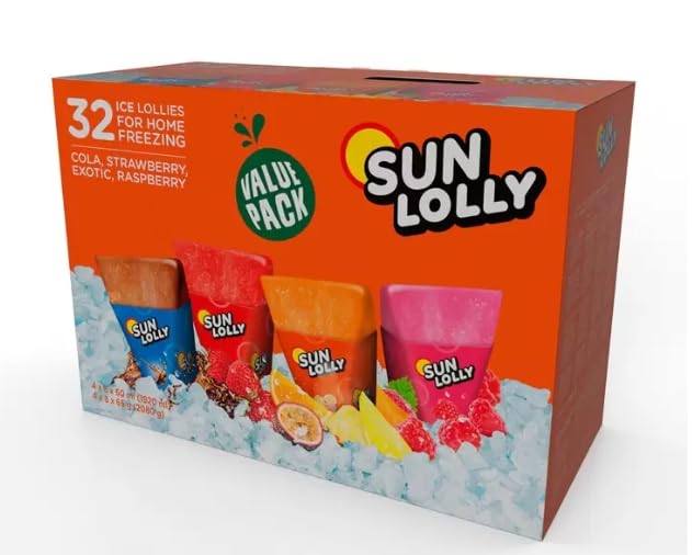 Sun Lolly Variety Pack 32 x 60ml Freezable Fruit Ice Lollies in Assorted Flavours No Artificial Sweeteners Great for Kids Parties and Hot Summer Days