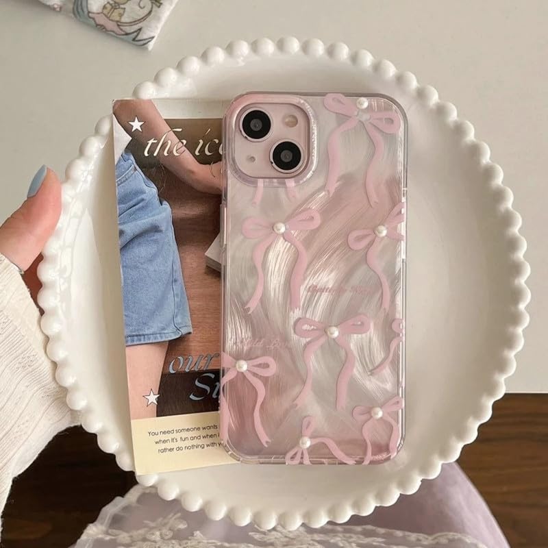 Image of COVERLY Luxury Bow & Pearl Aesthetic Designer Back Cover for iPhone 12 Pro - Slim Shockproof Soft TPU Case with Handcrafted Real Pearl Accents & Coquette Ribbon Art (Blush Pink & Pearlescent White)