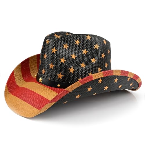 Image of Western Straw Cowboy Hats for Men & Women, Wide Shapeable Brim Cowgirl Sun Hat